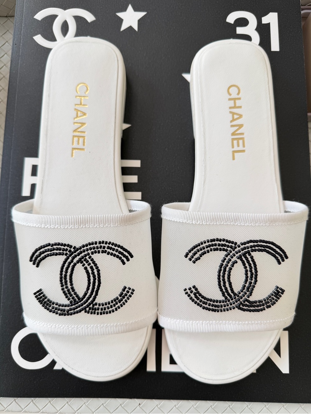 Chanel Blazy White Mesh Black Beads CC Logo Slides Sandals Mules Flat Slide 38.5